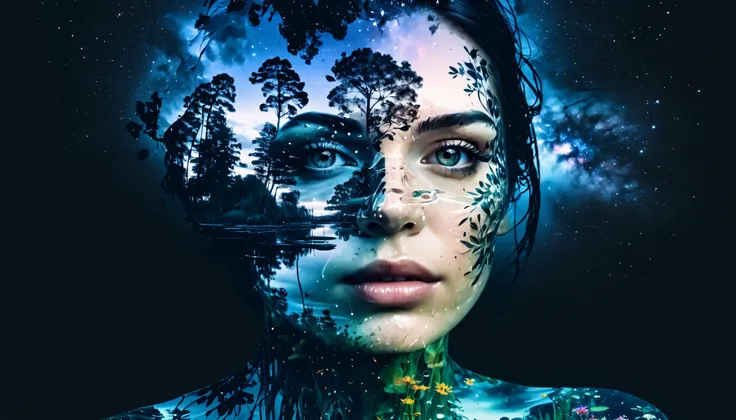 (Double exposure:1.3), effect of a women's face superimposed on a pond, ultra detailed,Galaxy