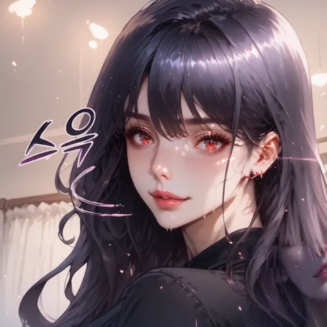Masterpiece, realistic face, score_9, score_8_up, score_7_up, (realistic portrait:1.2), (realistic nose:1.2), Intellectual Cool Beauty, (Long hair: 1.4), long straight hair,  flowing black hair, pale skin, Lustrous Face, Compensating, glossy-red Eyes, Larg...