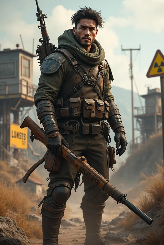 "Design a full-body character for a Rust survival shooter team. The character should reflect chaos, resilience, and competitiveness, with a rugged, battle-hardened appearance. His face should be fully visible, showing personality—perhaps with a confident s...