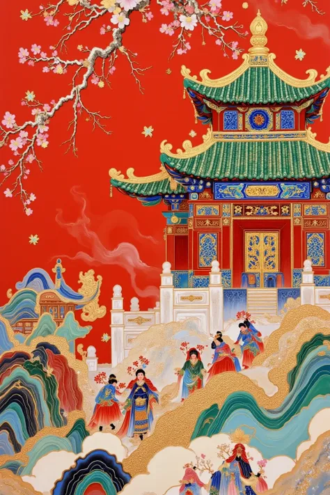 High Saturation， bright color 。Cloisonne， red walls and green tiles 。 Ancient Chinese art style , ,( red， blue， black，Gold painted ，)
