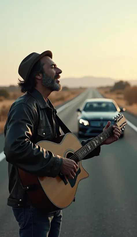 a man on a highway road. playing guitar and sings dela blues in front of a Mercedes Benz about a girl.