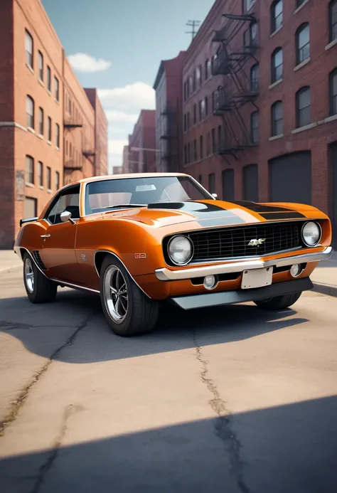  Create a detailed digital illustration of a 1969 Chevrolet Camaro SS ,  parked in a retro urban environment .  The car should stand out with its sturdy body , sporty stripes and shiny finish ,  evoking the power and iconic style of muscle cars of the time