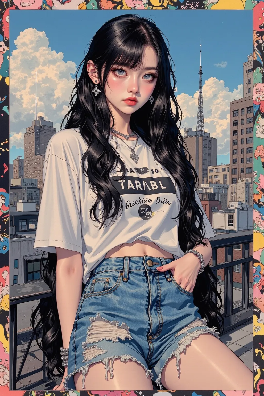 urban rooftop background, solo, jewelry, black long Scene hair, bracelet, shorts, necklace, casual, 1girl, midriff, navel, shirt, t-shirt, blue_eyes, denim, realistic, standing, cut off denim shorts, looking_at_viewer, heroin chic, black hair, side swept b...