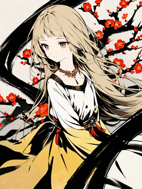 ( high quality ,  super precise ) ,( Handmade ) , 1  girl, Alone, Blonde and semi-long hair ,  necklace,  dress, HIGHEST DEFINITION ,  upper body , Along with the river and plum blossoms, flat chest,  ink painting,