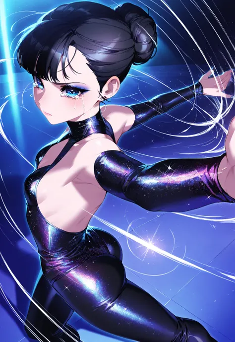 (sfw:1.5), makeup gyaru, cool beauty, solo girl ,glitter black costume, figure_skating, spinning, black hair, blue eyes, single hair bun, slender, small breast, serious, happy tears, sad, motion lines, perspective, from side