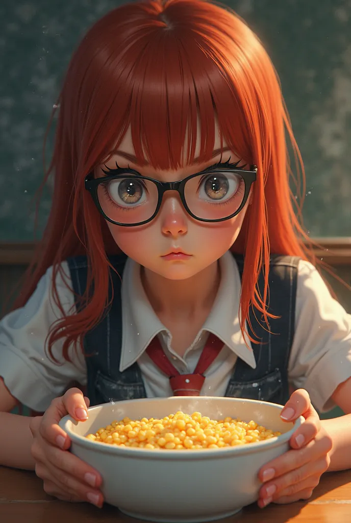  a girl with smooth, soft red hair, lentes,  angry expression, long eyelashes and an eyeliner, school uniform and eating semolina 