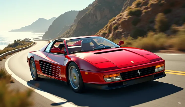 Ferrari Testarossa, red car, riding pacific coast freeway, awesome boy driver