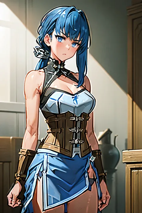 (((iron breastplate armor:1.3))), (((blue skirt between wide set corsets:1.3))), (((three parted BLUE SKIRT, white line skirt, slit skirt:1.3))), incredibly absurdres, Masterpiece by famous artist, top quality, super fine illustration, hyper detailed beaut...