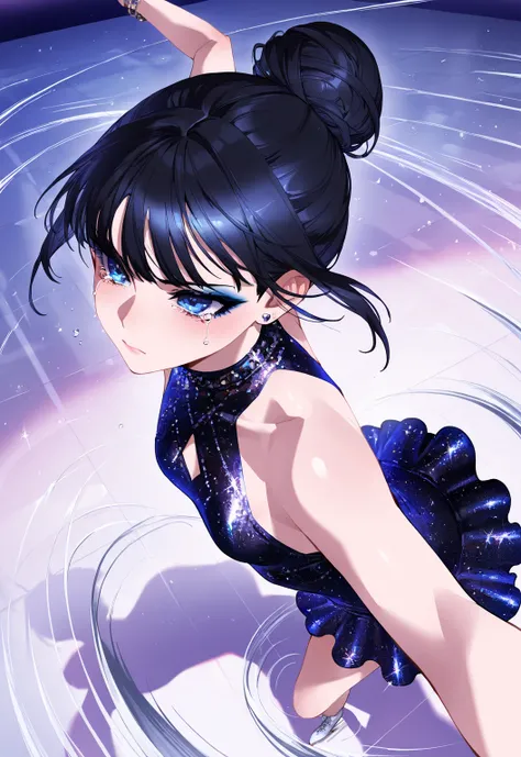 (sfw:1.5), makeup gyaru, cool beauty, solo girl ,glitter black costume, figure_skating, spinning, black hair, blue eyes, single hair bun, slender, small breast, serious, happy tears, sad, motion lines, perspective, from side