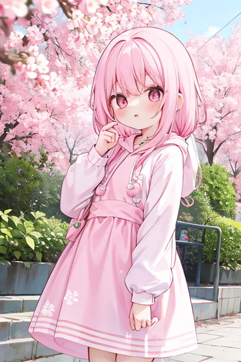 Pink-haired girl  และ ในชุดสไตล์น่ารักในชุดสไตล์หมี และกอดตุ๊กตาหมีในพื้นหลังสีชมพูน่ารักwith . Wear a hood ,  Shirt  . Pink-haired girl  ,   Pink Eyes  , , , a neat style dress, , , 20 years old, with  ,  White hair,  long hair, , , a neat style dress, , ...