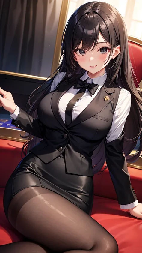 sexy older sister in a black business suit　　 　　The black tie is tight　 black pencil skirt 　Brown tights　A radiant smile　  high res　  high res　Stay in the casino