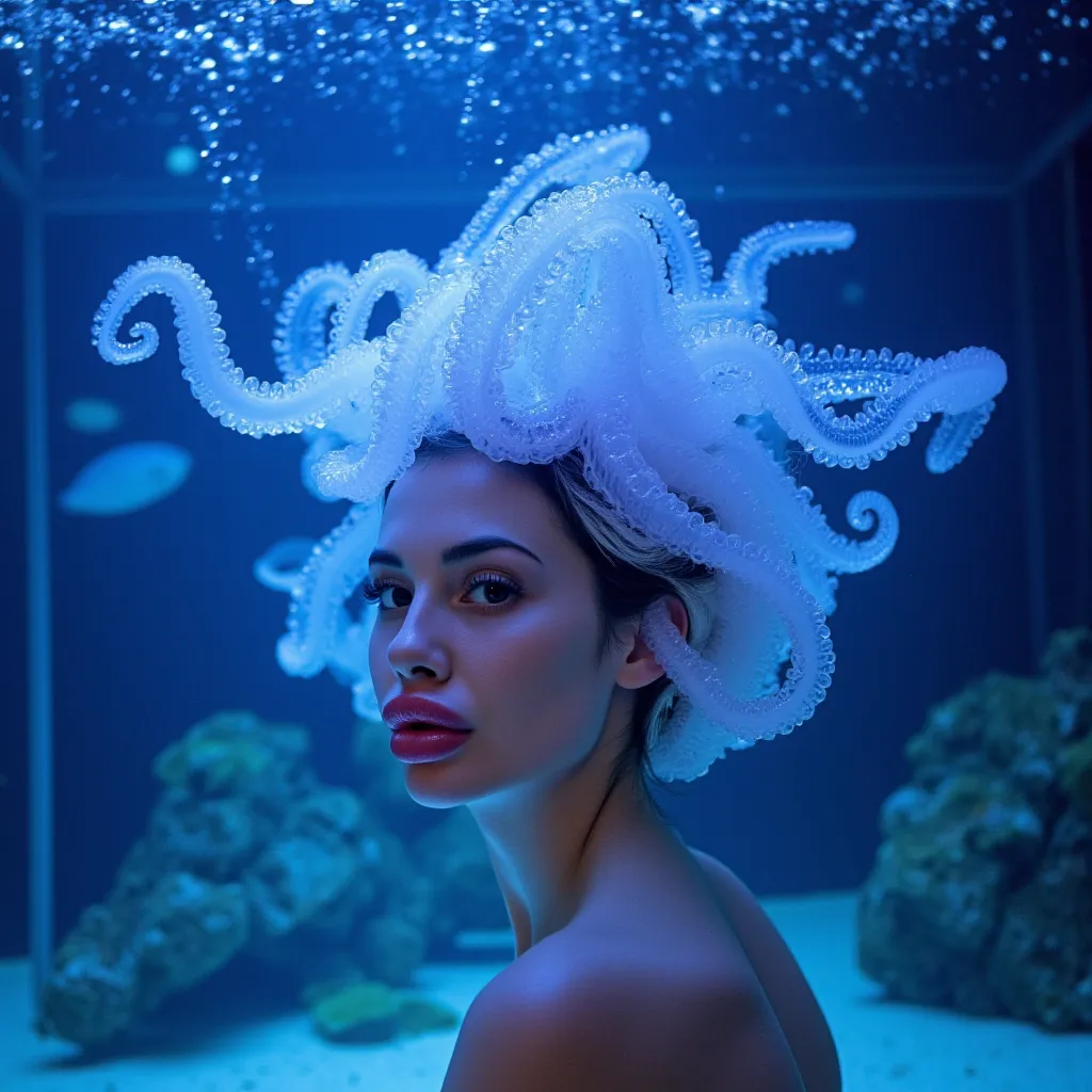 Photo of a creature floating in an aquarium fish tank. The creature looks like a mix between a gorgeous woman's disembodied head and an octopus. Octopus tentacles. Tentacles for hair. The creature is squishy and slightly translucent. Scared face. Worried f...