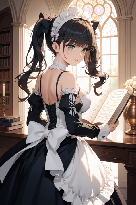 A 20-year-old gothic maid with long twin tails and black hair, dressed in an elegant black and white gothic lolita maid outfit. Her mesmerizing green irises subtly blend with her dark pupils, giving her an enchanting and mysterious expression. She wears a ...