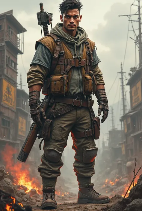 "Design a full-body character for a Rust survival shooter team. The character should reflect chaos, resilience, and competitiveness, with a rugged, battle-hardened appearance. His face should be fully visible, showing personality—perhaps with a confident s...