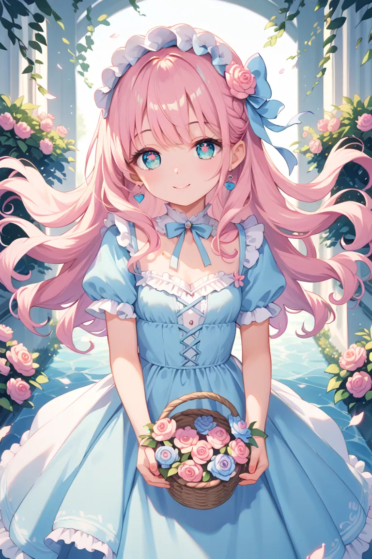 adorable loli girl with big, sparkling eyes and a soft, angelic expression, wearing a soft peach-colored lolita dress with floral embroidery, lace frills, and delicate ribbons, her long, flowing hair adorned with pastel-colored flowers, standing in a bloom...