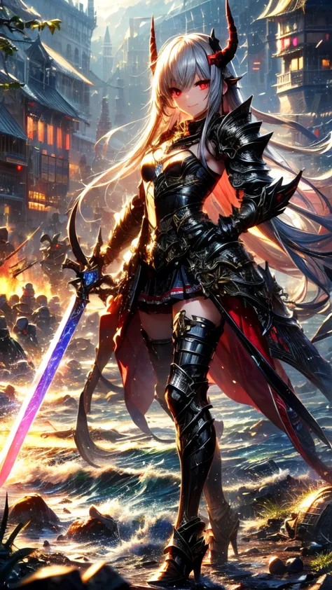 night， Fireyaki Castle , Masterpiece 1.3,  Japanese Demon Warrior Girl ，Smile， Delicate Face ， Red Liu Hai Long Hair , Black Devil's Horn，red eye shadow，Chest,  Wearing Sexy Armor ， Black V-Shaped Design Armor ， Red Stripe Design ， Black Skirt ， Red Skirt ...