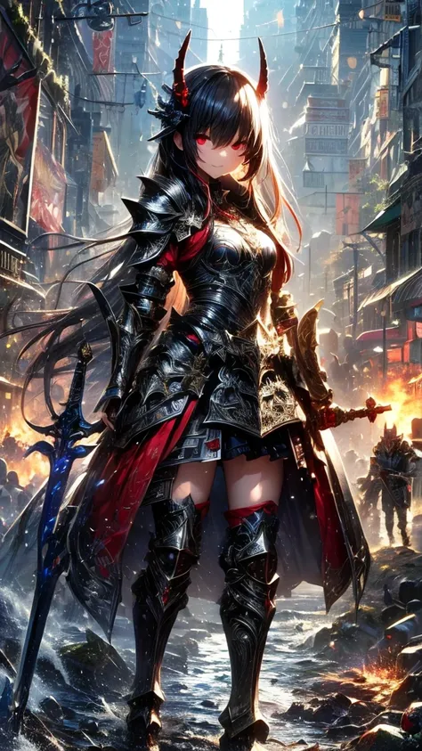 night， Fireyaki Castle , Masterpiece 1.3,  Japanese Demon Warrior Girl ，Smile， Delicate Face ， Red Liu Hai Long Hair , Black Devil's Horn，red eye shadow，Chest,  Wearing Sexy Armor ， Black V-Shaped Design Armor ， Red Stripe Design ， Black Skirt ， Red Skirt ...