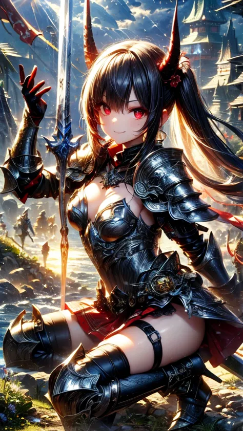 night， Fireyaki Castle , Masterpiece 1.3,  Japanese Demon Warrior Girl ，Smile， Delicate Face ， Red Liu Hai Long Hair , Black Devil's Horn，red eye shadow，Chest,  Wearing Sexy Armor ， Black V-Shaped Design Armor ， Red Stripe Design ， Black Skirt ， Red Skirt ...