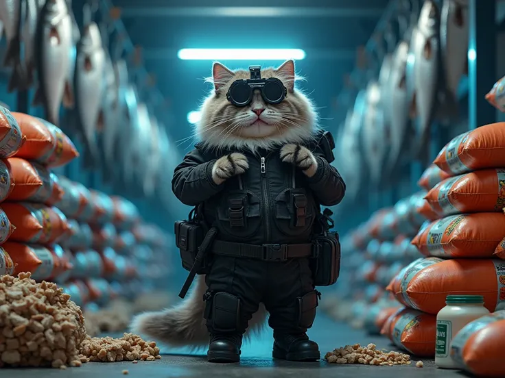 "A chubby, fluffy gray and white cat wearing a full tactical suit inspired by Mission Impossible movies. The cat is dressed in a sleek black outfit with a harness, gloves, tactical boots, and night-vision goggles on its head. The cat is joyfully stuffing v...