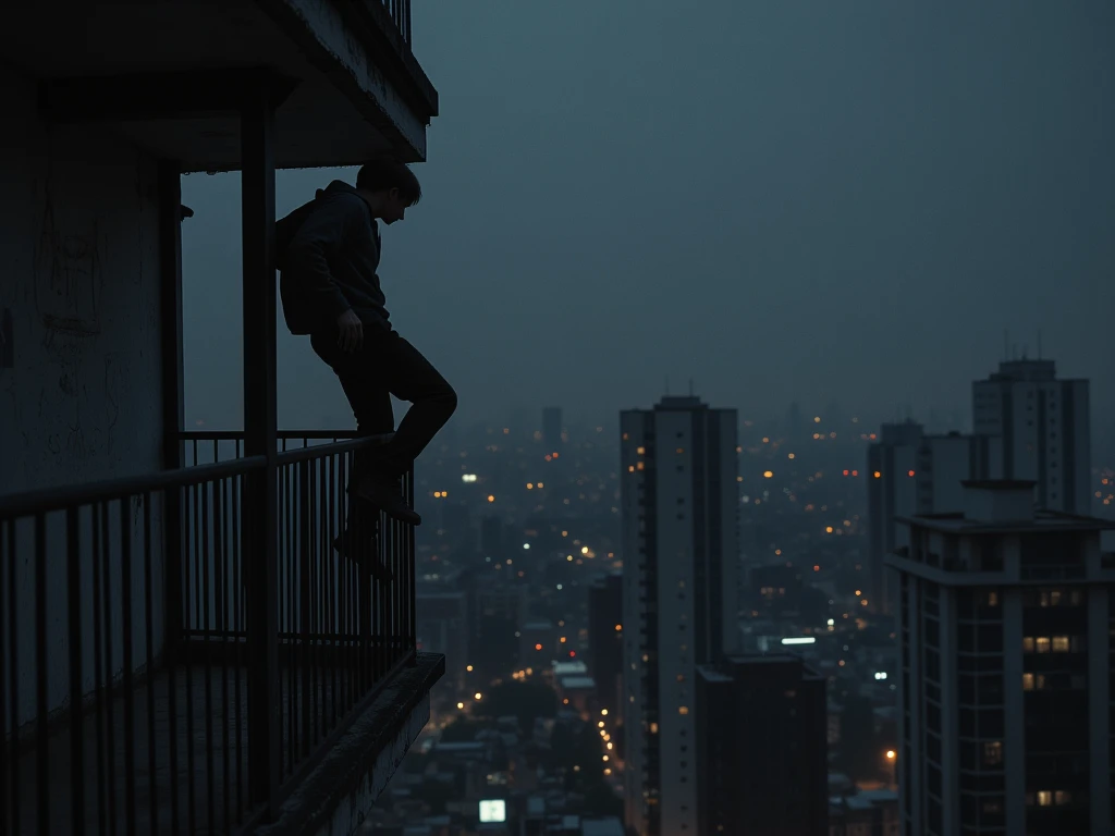 Image of a young man climbing the roof railing of an apartment in the back view at night and looking at the dark city below