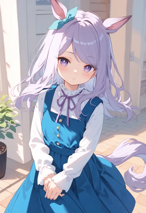 mjm casual, mejiro mcqueen (umamusume), animal ears, aqua dress, blue dress, green dress, dress, highres, horse girl, purple hair, ribbon, shirt, tail, violet eyes, white shirt, blush, ear ribbon, eyebrows visible through hair, eyes visible through hair, l...