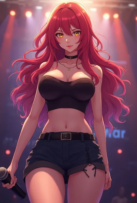 An Oc of a girl with long red hair wavy with yellow eyes with red with wide hips big breasts and big thighs from anime singing with a microphone in her hand wearing a skirt