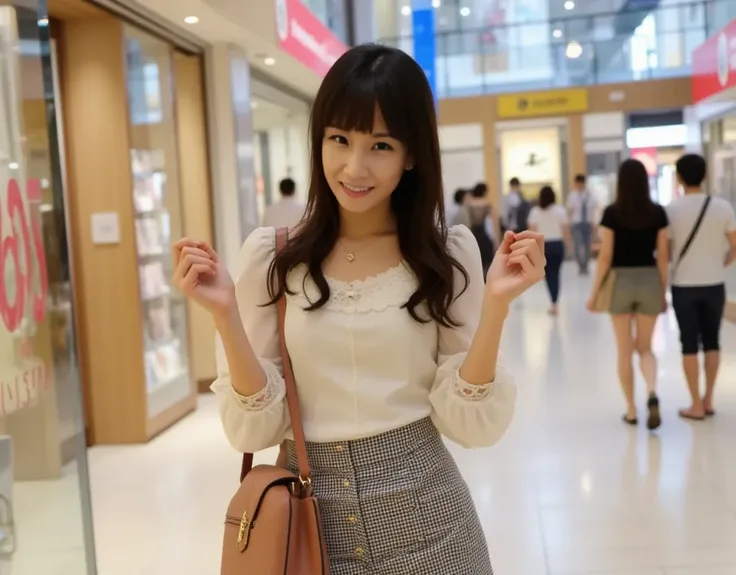 Japanese woman, cute, (long ponytail), (full body),  blouse, (checked mini skirt), cowboy shot,full body shot,standing, full body shooting、 Shopping Malls、 window shopping、 handbag、