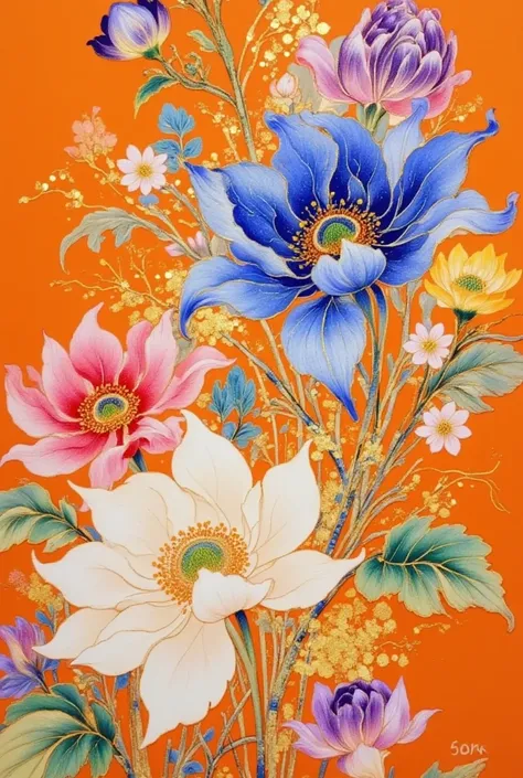 artist name,blue flower,colorful,flower,leaf,orange background,painting \(medium\),pink flower,purple flower,signature,solo,sparkle,traditional media,watercolor \(medium\),yellow flower