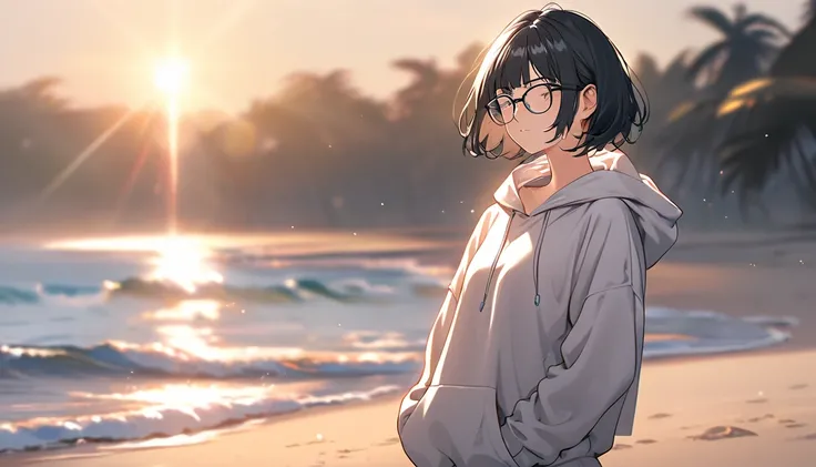 A high school girl with short black hair and glasses, standing alone on the beach, still wearing an oversized hoodie while gently placing her fingers on the waistband of her loose-fitting shorts. Her expression is calm yet subtly determined, her gaze focus...