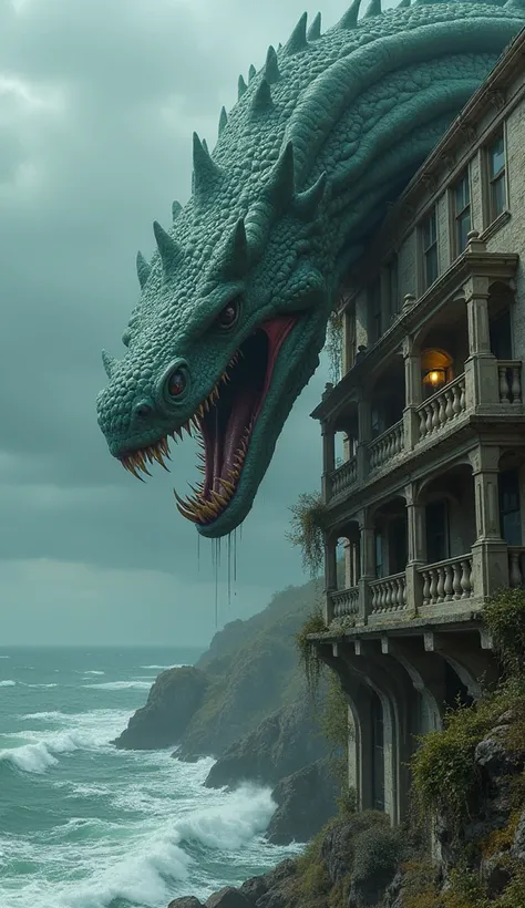 A sea monster cluttering a balcony