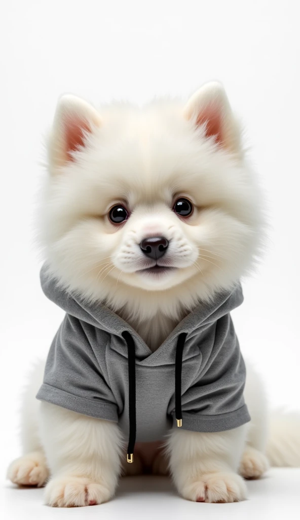 Samoyed,puppy, Photographic Textures , is wearing a gray hoodie,The hoodie string is black, upper body, white background