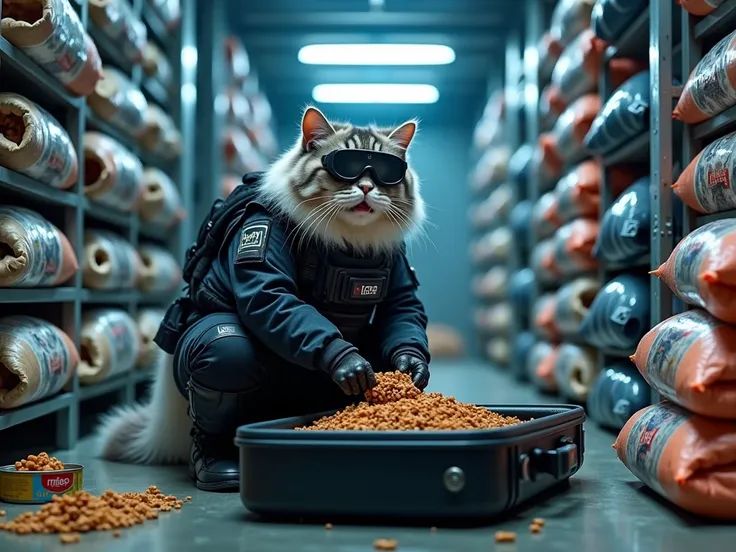 chubby, fluffy gray and white cat wearing a full tactical suit inspired by Mission Impossible movies. The cat is dressed in a sleek black outfit with a harness, gloves, tactical boots, and night-vision goggles on its head. It is crouching slightly in the m...