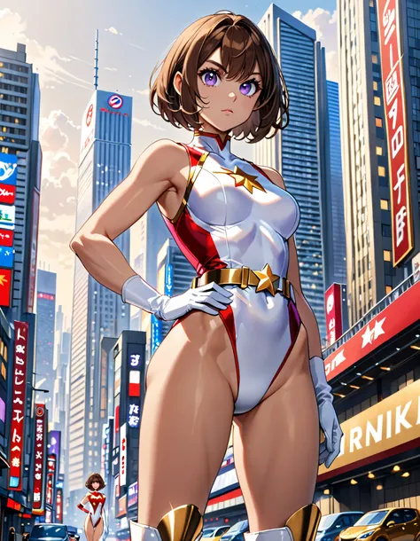 (masterpiece), (best quality), (high res), medium breasts, finger proportions coordination, cute and attractive woman, ((leotard, white and red leotard, matching leotard, sleeveless, bare legs)), ((high-waisted belt, tight belt, gold belt)), ((boots, match...