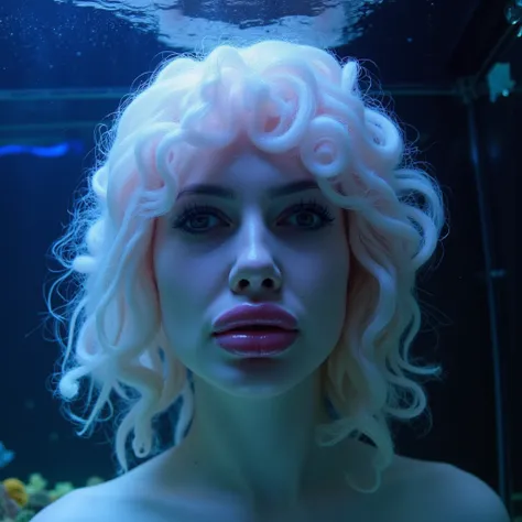 Photo of a creature floating in an aquarium fish tank. The creature looks like a mix between a gorgeous woman's disembodied head and an octopus. Octopus tentacles. The creature is squishy and slightly translucent. Scared face. Tentacles for hair. Worried f...