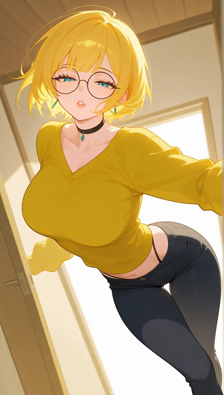 score_9, score_8_up, score_7_up, score_6_up, score_5_up, score_4_up, BREAK 1girl, blonde hair, loose hair, blue eyes, sexy lips, long eyelashes, half-closed eyes, black-framed eyewear, round eyewear, black choker, motherly, MILF, mature, adult, black eyeli...