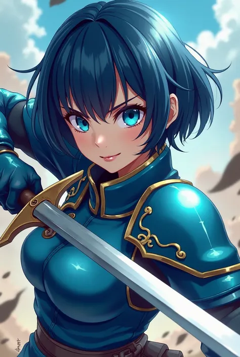  Short haired swordswoman anime girl with straight blue-black bangs, turquoise eyes, a mole on her right eye and blue armor  