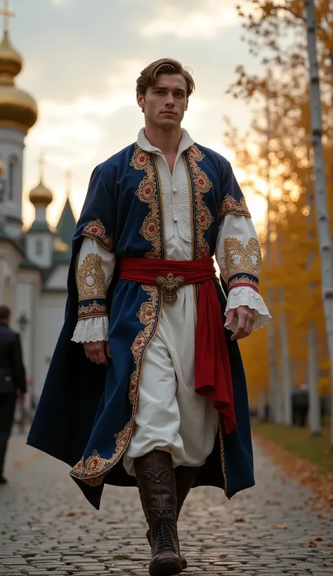 A handsome and charismatic 20-year-old Russian young man walks forward with strength and confidence, embodying the pride of his cultural heritage. His physique is strong and well-built, reflecting resilience and determination. His hair is styled in a tradi...