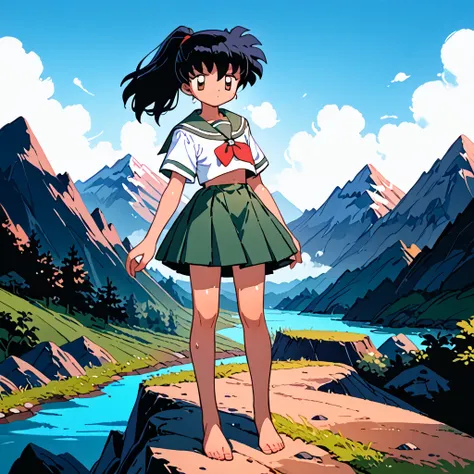 ffppwet, sweating, shiny luminous, oiled skin, oily skin, shiny skin, wet skin, very sweaty, very wet skin, lustrous skin, lustful skin, erotic skin, sweat drop on skin, steaming body, Kagome higurashi, black hair, school Sailor Uniform, white shirt, green...