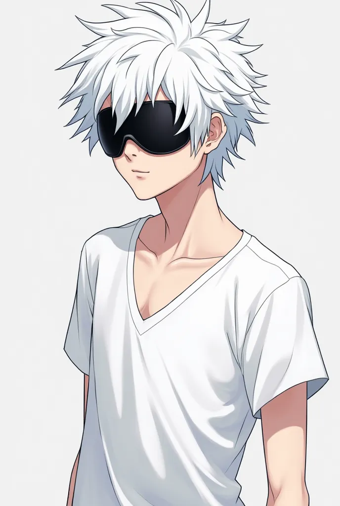 Create a male character called "kaddish" Anime style does he have messy white hair, He also has black ski goggles hiding his face, With a provocative smile, He wears a white V-neck shirt, He also wears white pants, barefoot 