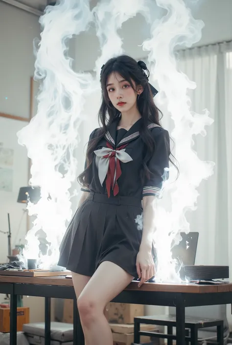 masterpiece,high resolution,super realistic, ,cinematic lights,realistic flames,
, onfire,
white flames,
, gothicstylenext, 1girl, Goth girl, gothicstyle, goth makeup,,solo,close up,beautiful face,dark makeup,dark lips,dark clothes,(Super beautiful japanes...