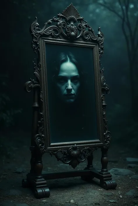 A large mirror is placed on the wooden stand、night、outside、The mirror reflects a person's face 、 has a face facing the front、Slightly scary face 