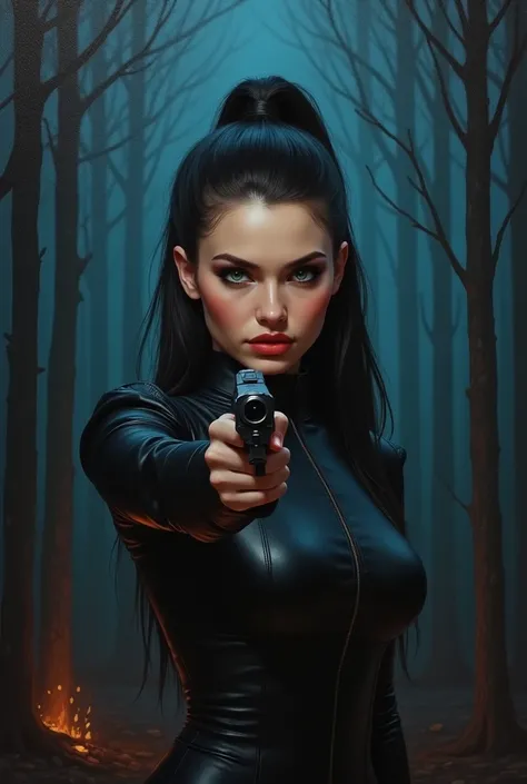 Realistic oil painting: At night in a burning forest   ( dark blue sky ,  dark lighting).  ( A young adult woman of Russian nationality) Caeli wears a tight black leather jumpsuit , her hair is tied in a high ponytail.  She is a beautiful and attractive wo...