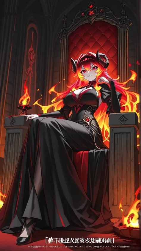 [Characters]
Villain: Demon Queen “Yahiro Terao”; Long fiery red hair tied in a sleek black bun, black curled horns, blood-red eyes glowing with intensity, and flawless pale skin contrast against her form-fitting ominous black dress (smoldering dress) ador...