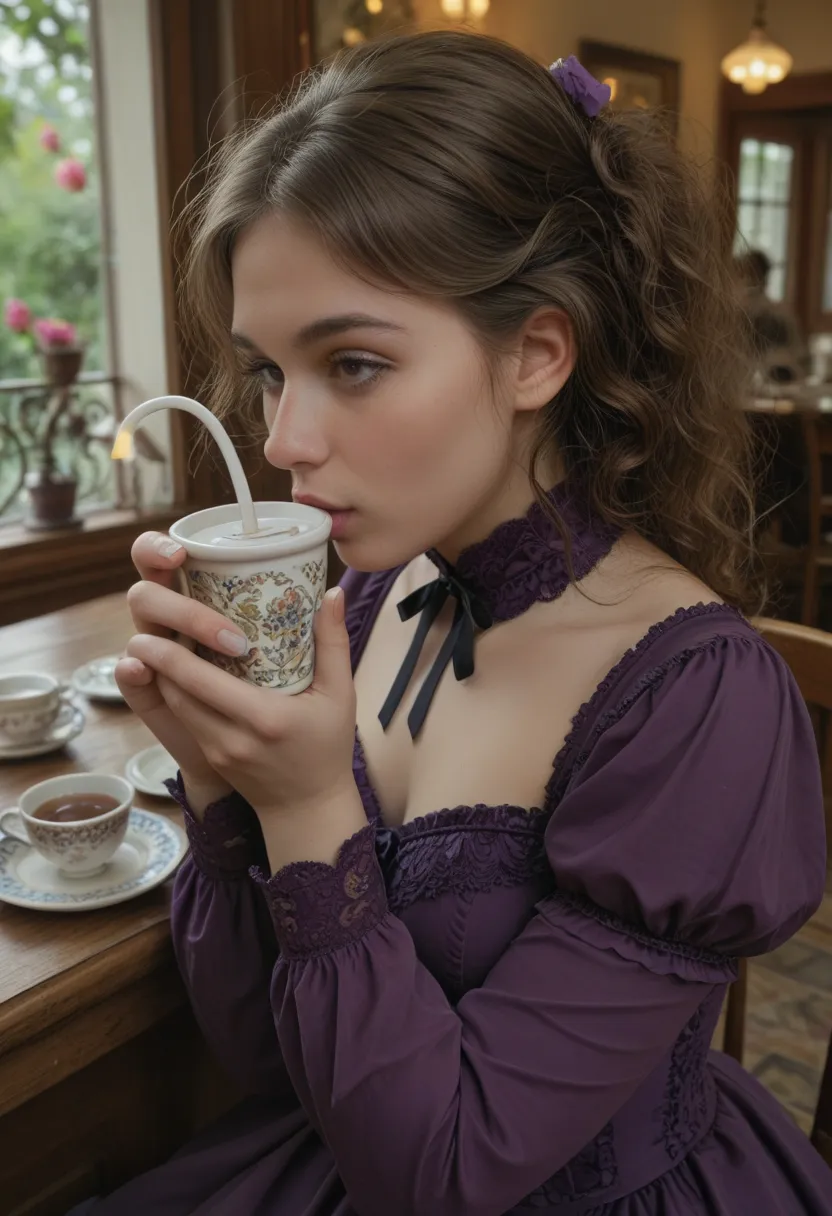  woman with brown hair, violet eyes, purple dress,  victorian dress,  copyright , nobility, Drinking tea with women