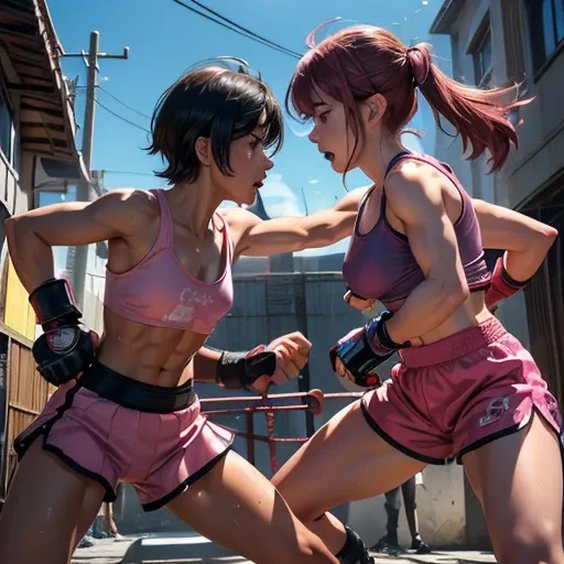 (((dynamic battle action))), (((A male and a female stand squarely facing each other))), (((they are fighting so hard in the back-street))). (((they are punching each other))). (((they areglaring at each other))), a cute Japanese high school (((girl fighte...