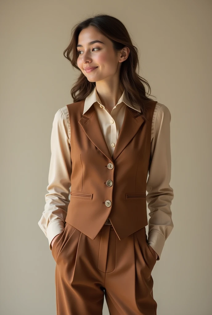  Create an image of a Woman,  wearing a light brown shirt , brown waist-length pants,  with a formal feminine vest of an equally brown color.  That fits the waist the vest .  The pants that are neither as tight nor as loose .

