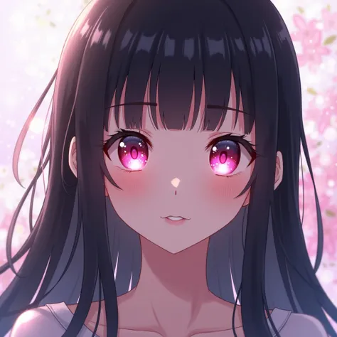 Generate an image of an anime girl with long black hair,  straight bangs , And pink eyes 