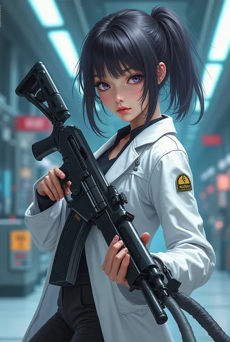 An anime girl in a lab coat with an AK47 a sword 