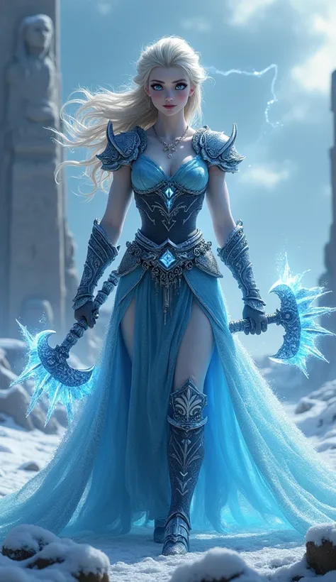 A hyper-realistic cinematic image of **Elsa the Goddess of War, a fusion of Elsa from Frozen and Kratos from God of War, standing amidst the ruins of a frozen battlefield, radiating both beauty and sheer, godly power**.  

She retains **Elsa’s stunningly b...