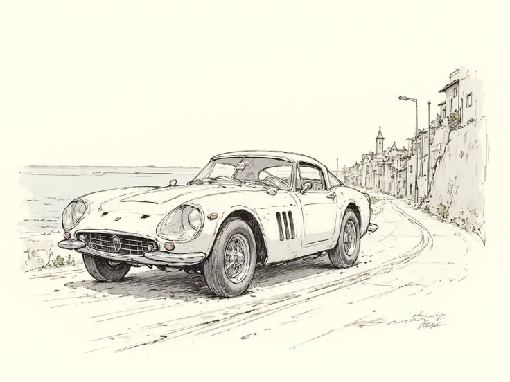 「 draw a vintage sports car from the 1960s like a pencil sketch 。With simple lines and delicate shadows, 、 express the streamlined design and chrome details of classic European sports cars。 draw a seaside winding road 、 or retro cityscape with a rough touc...